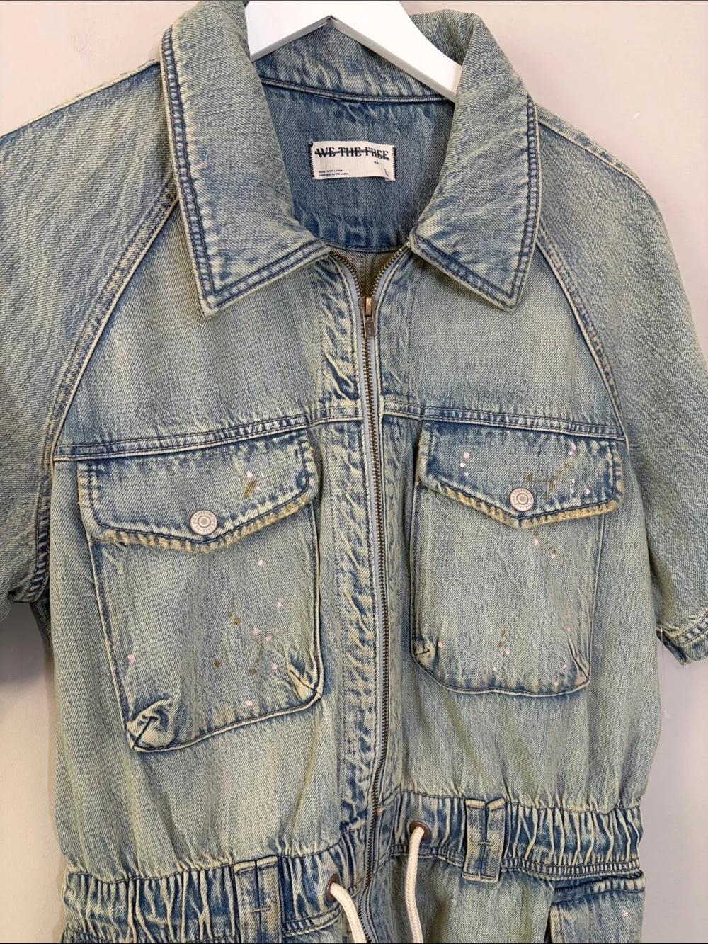 Free People Mojave Denim Shortall Romper Slouchy Paint Splatter Cinch Waist NEW